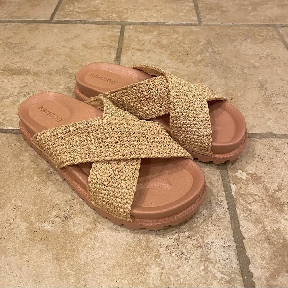 Awaken Natural Flyknit Criss Cross Slide Sandals. - Picture 16 of 16